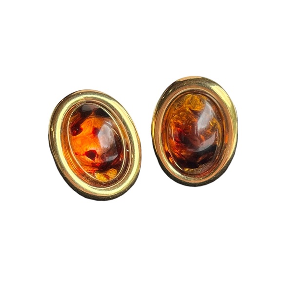 Vintage Kenneth Jay Lane KJL Faux Amber Tortoise Gold Clip Earrings - Picture 7 of 10